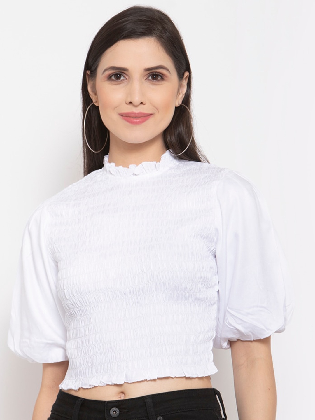 

Style Quotient White Fitted Crop Top With Smocking