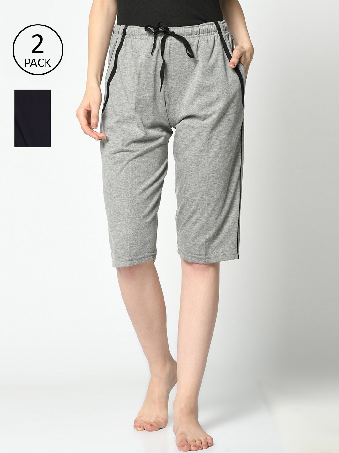 

MACK JONNEY Women Grey & Navy Blue Pack of 2 Lounge Shorts