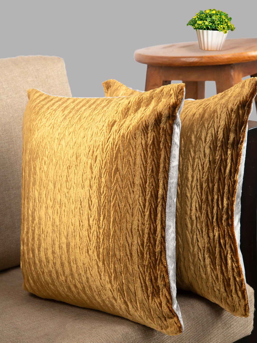 

HOUZZCODE Brown & Grey Set of 2 Self Design Square Cushion Covers