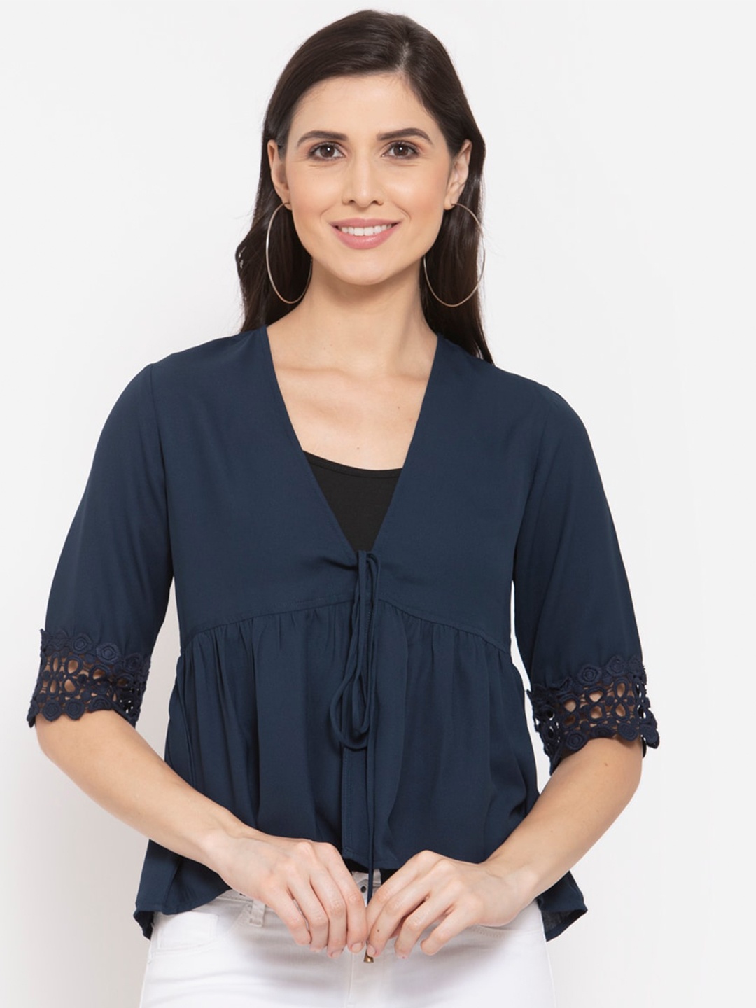 

Style Quotient Women Navy Blue Indigo Tie-Up Shrug