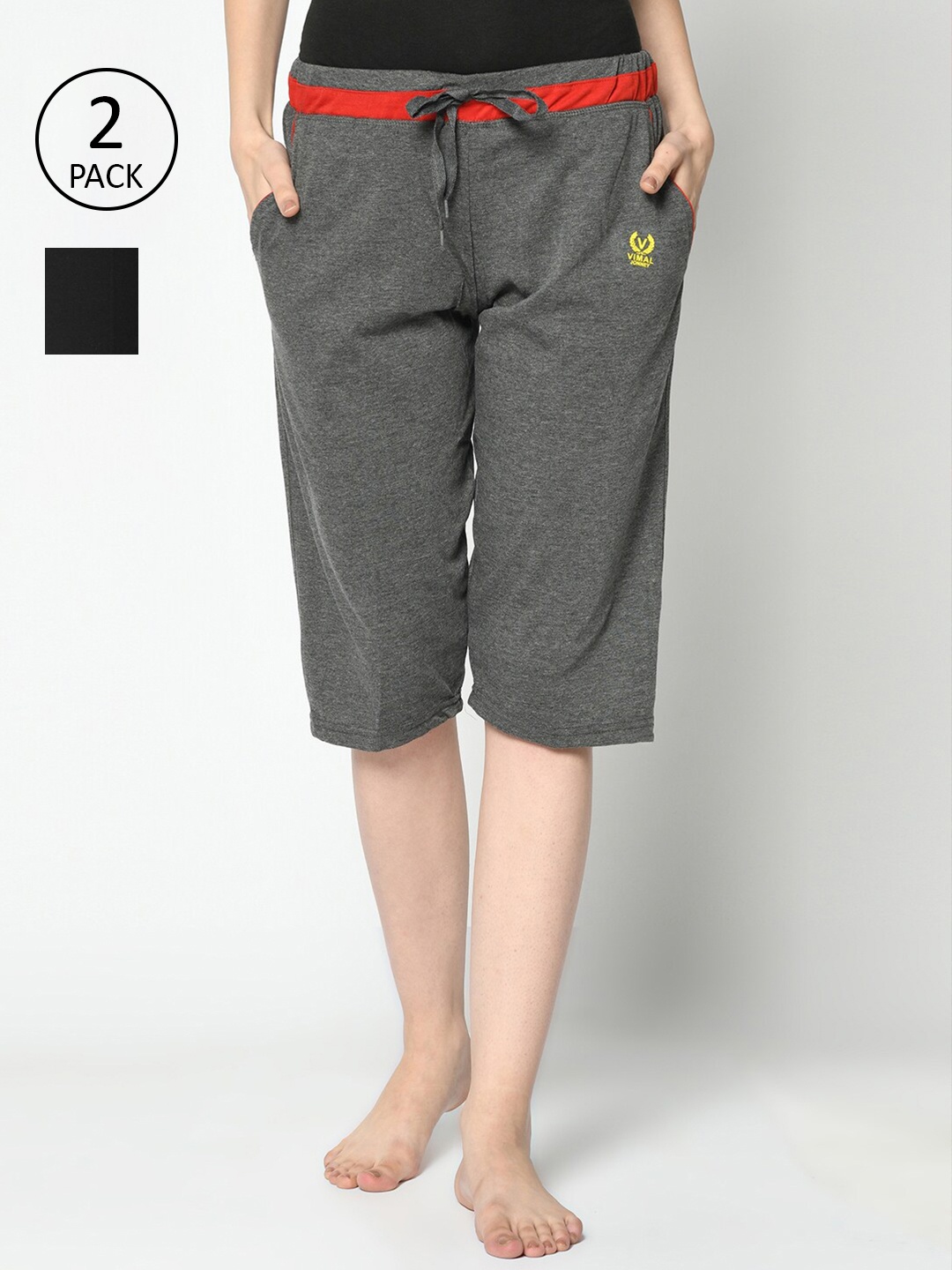 MACK JONNEY Women Grey & Black Pack of 2 Lounge Shorts