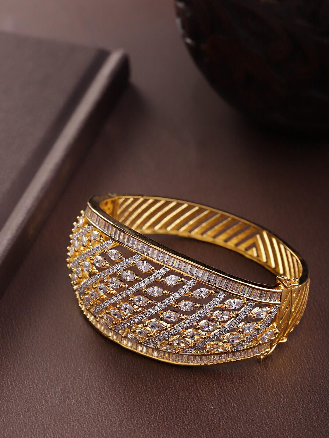

Priyaasi Women Gold & White Brass American Diamond Handcrafted Gold-Plated Kada Bracelet