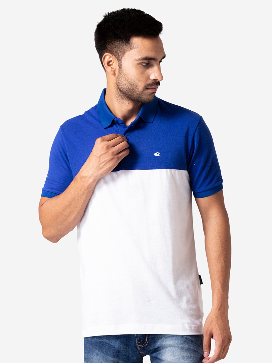 

Allen Cooper Men Blue & White Colourblocked Polo Collar T-shirt