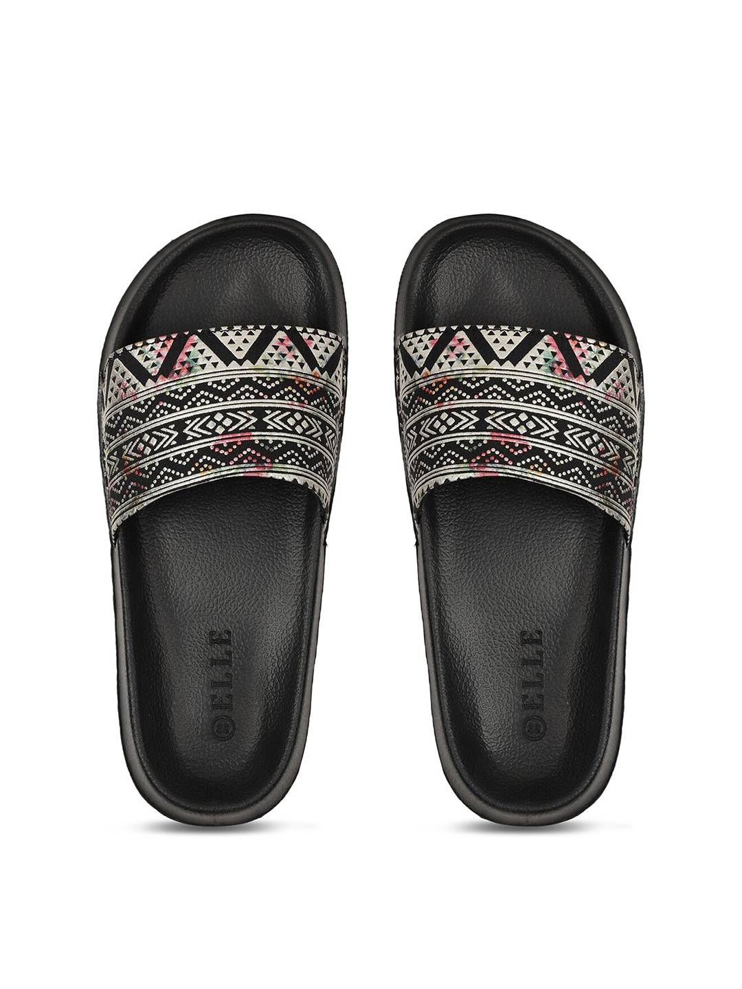 

ELLE Women Black & Cream-Coloured Printed Sliders