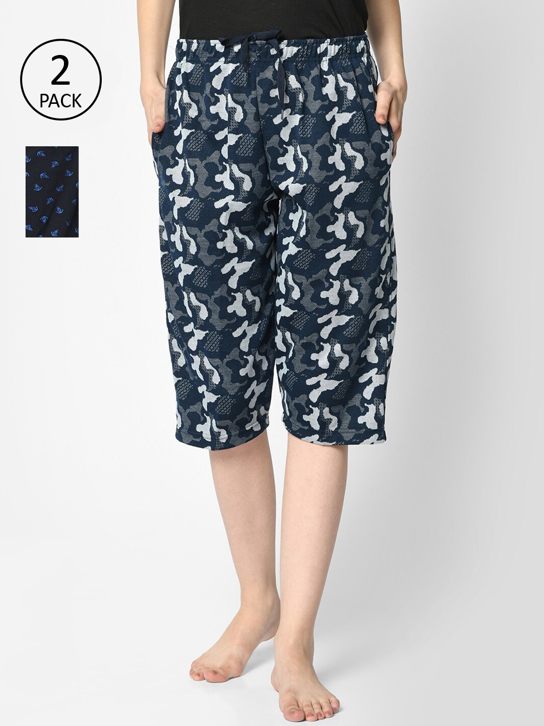 

VIMAL JONNEY Women Pack of 2 Printed Cotton Lounge Shorts, Navy blue