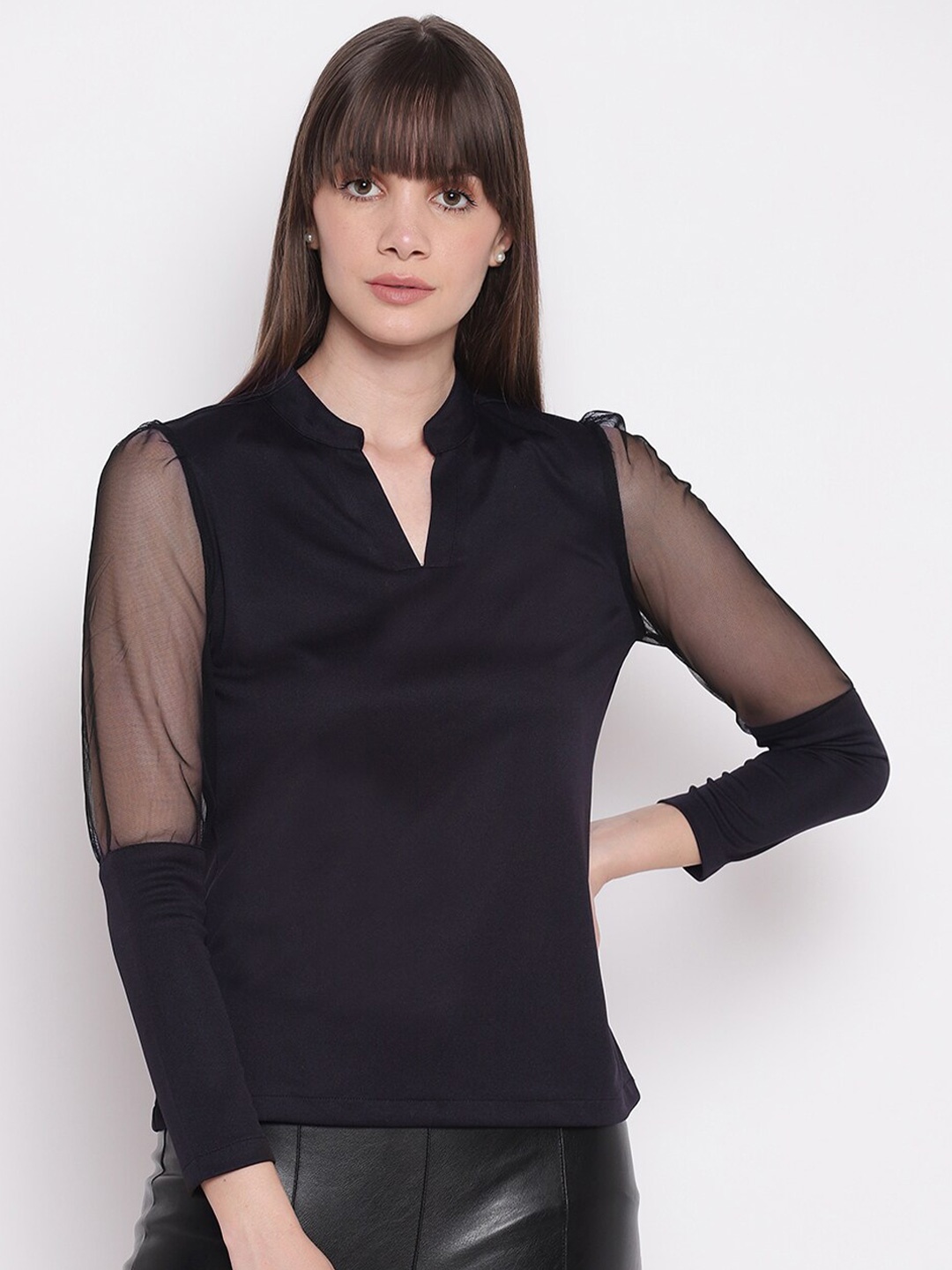

sandy AND ritz Navy Blue Mandarin Collar Georgette Regular Top
