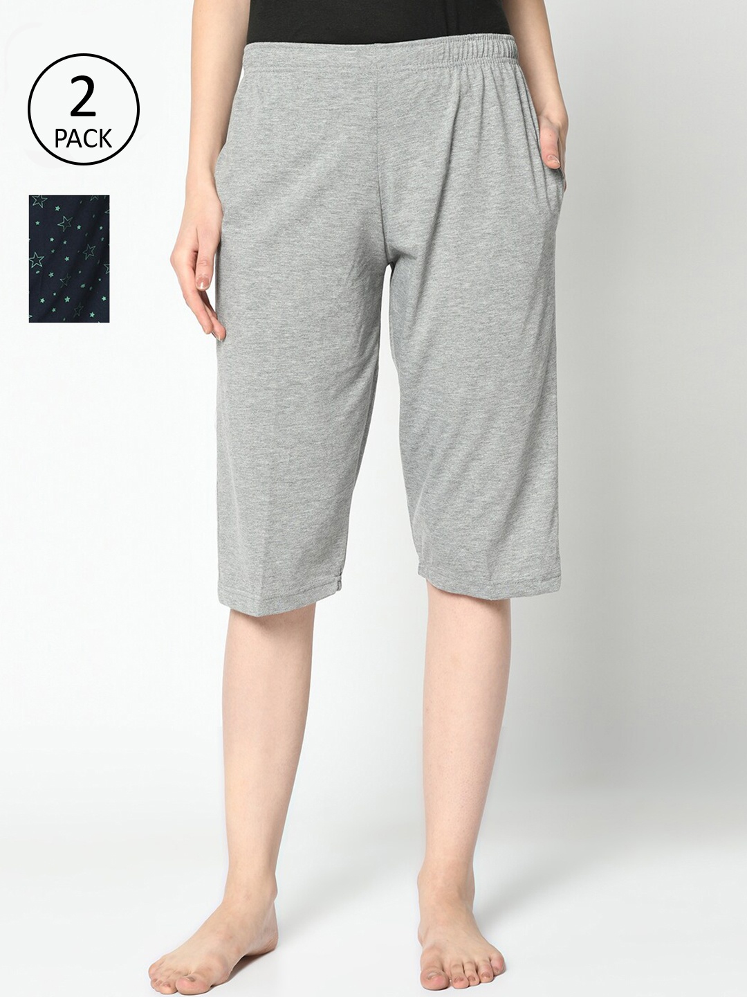 

MACK JONNEY Women Pack of 2 Grey & Navy Blue Lounge Capris