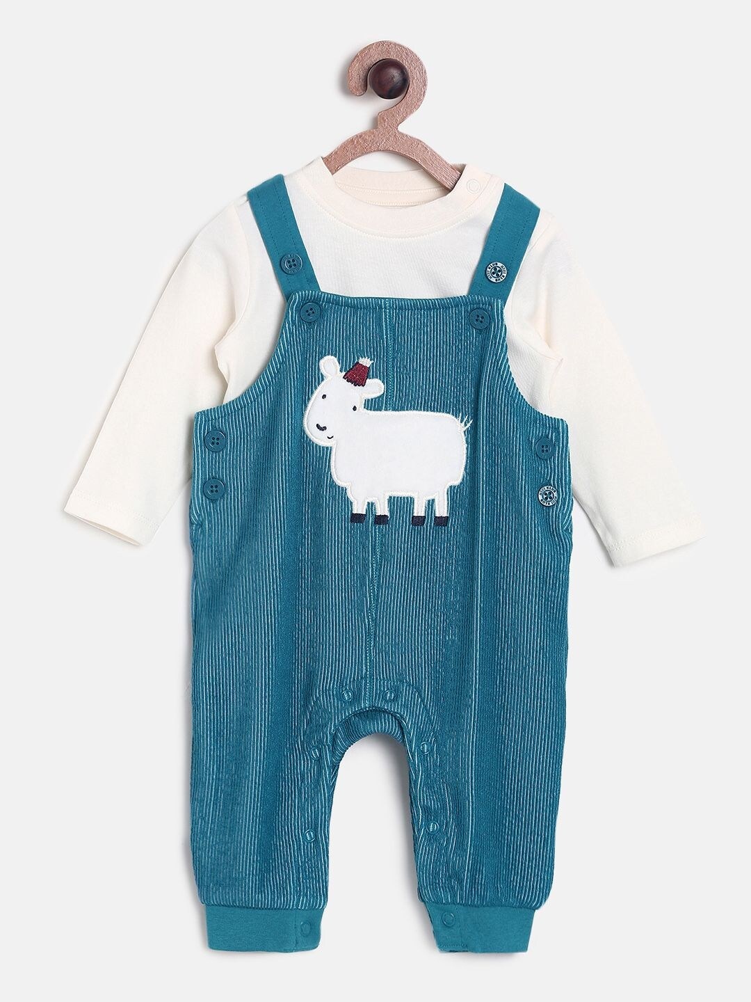 

MINI KLUB Boys White & Teal Blue Cotton Top with Dungaree Trousers