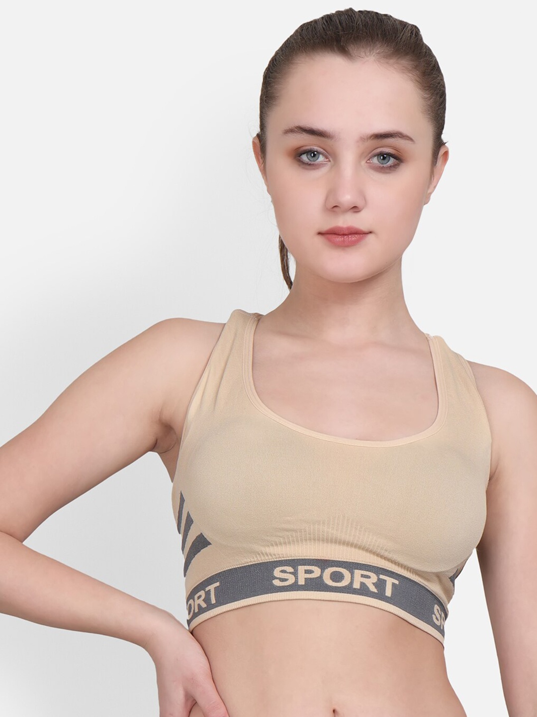 

Lebami Beige & Grey Workout Bra Full Coverage Sport Bra Skin_30C