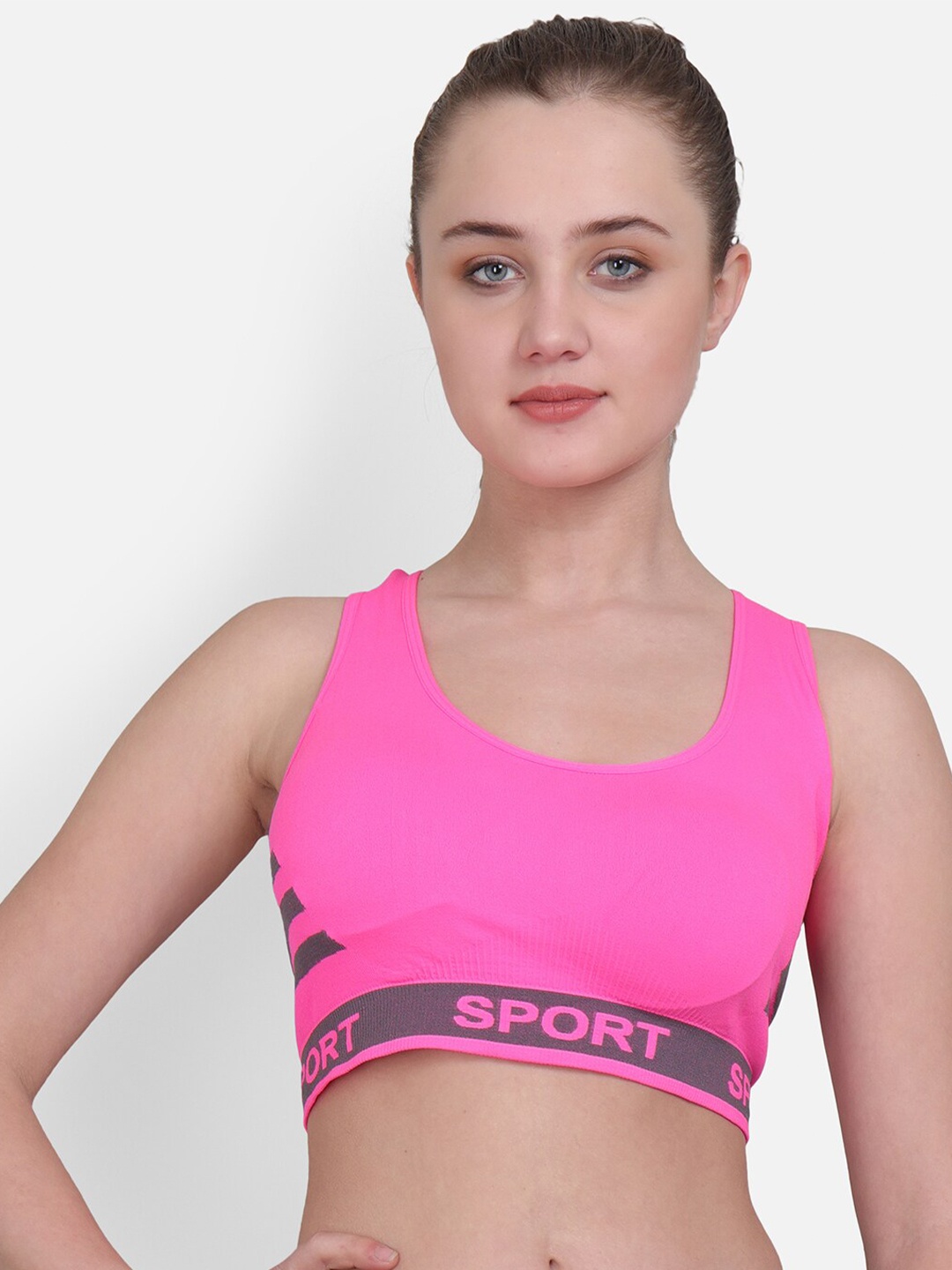 

Lebami Pink & Grey Typography Workout Bra Full Coverage Sport Bra H.Pnk_30C
