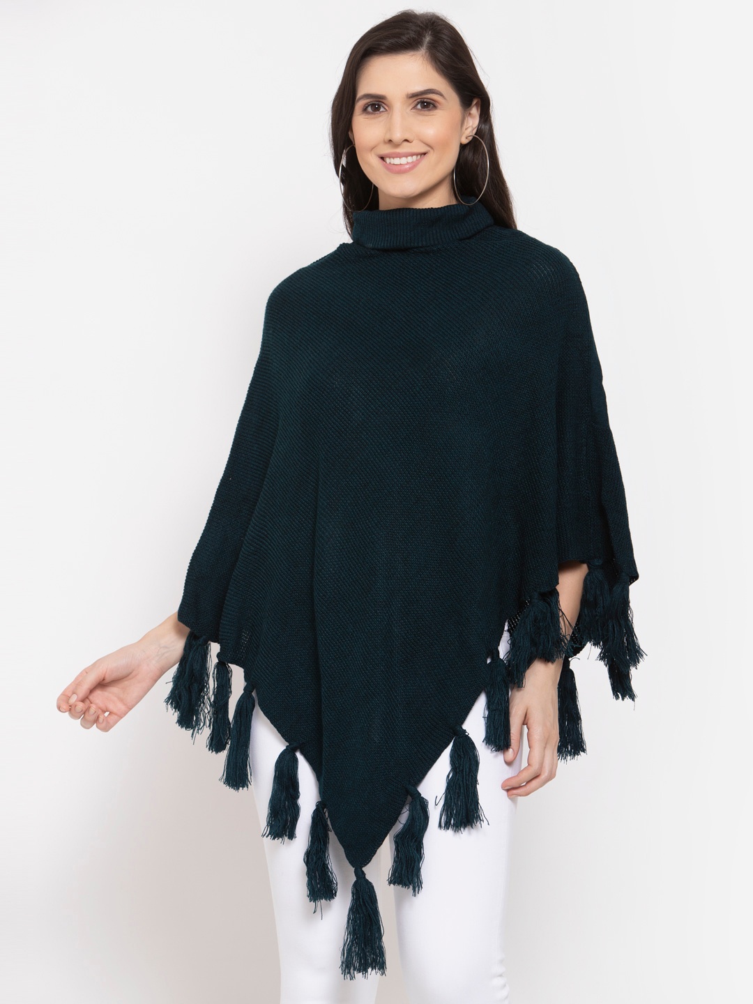

Style Quotient Women Teal Blue Poncho with Fringed Detail