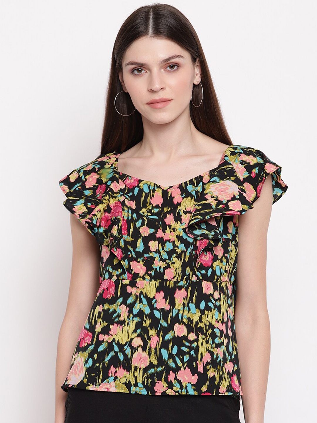 

sandy AND ritz Multicoloured Floral Flutter Sleeve Regular Top, Multi