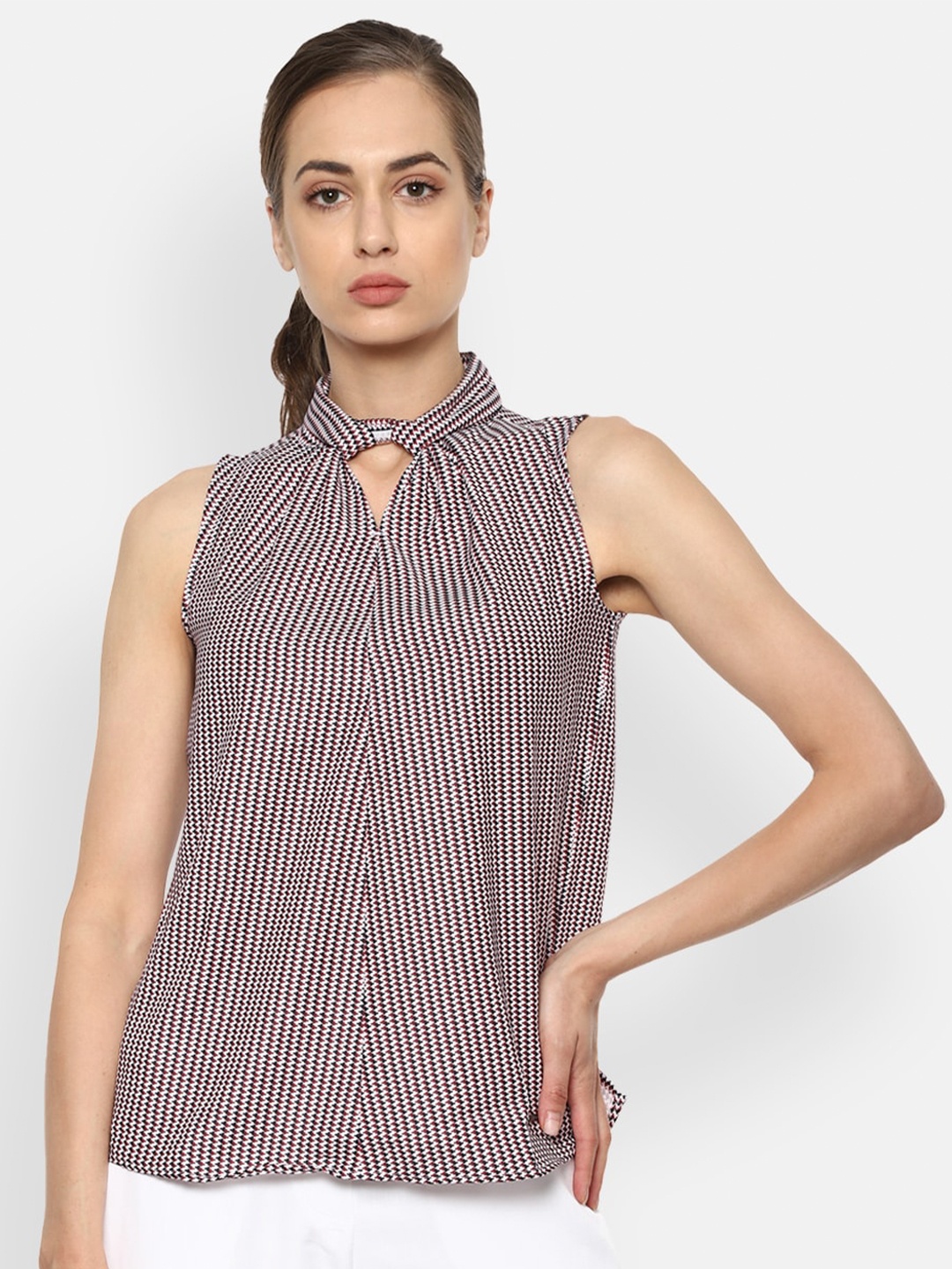 

Van Heusen Woman Maroon & Black Keyhole Neck Regular Top
