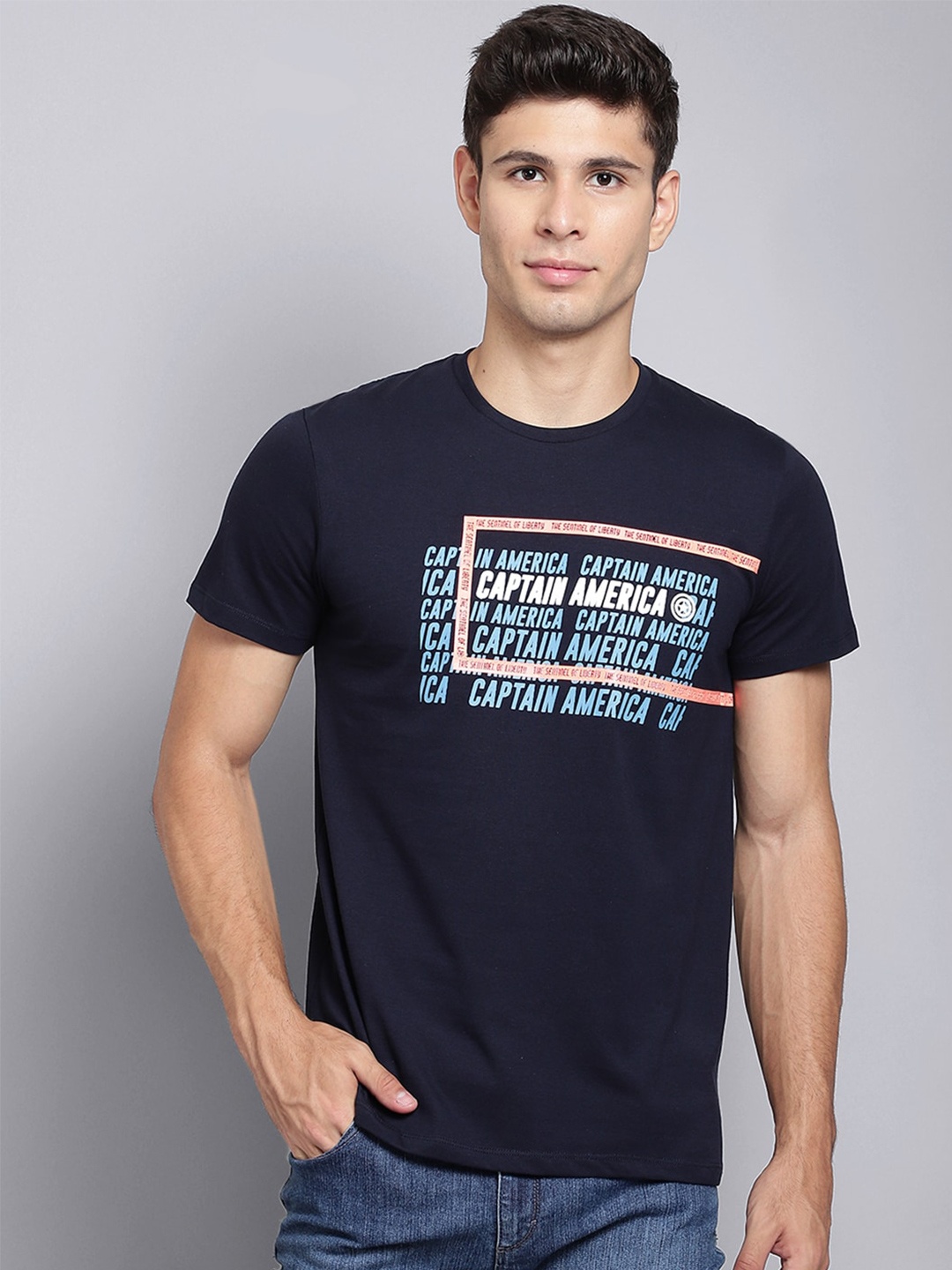 

Free Authority Men Navy Blue Captain America Printed Pure Cotton T-shirt