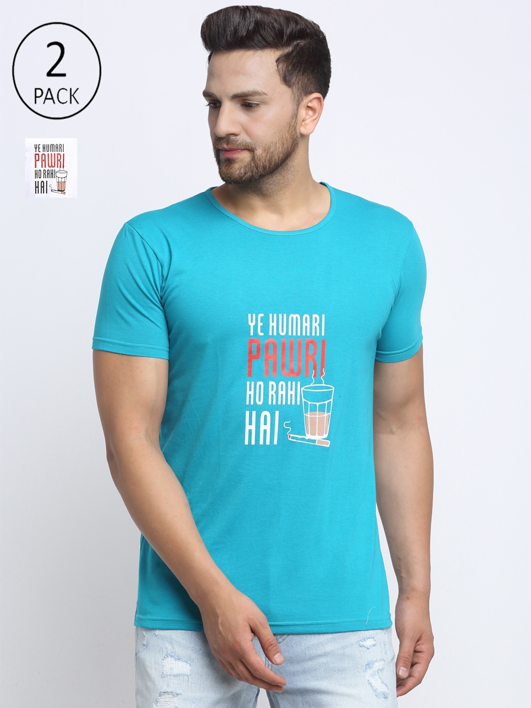 

MACK JONNEY Men Turquoise Blue & White Pack Of 2 Typography Printed T-shirt