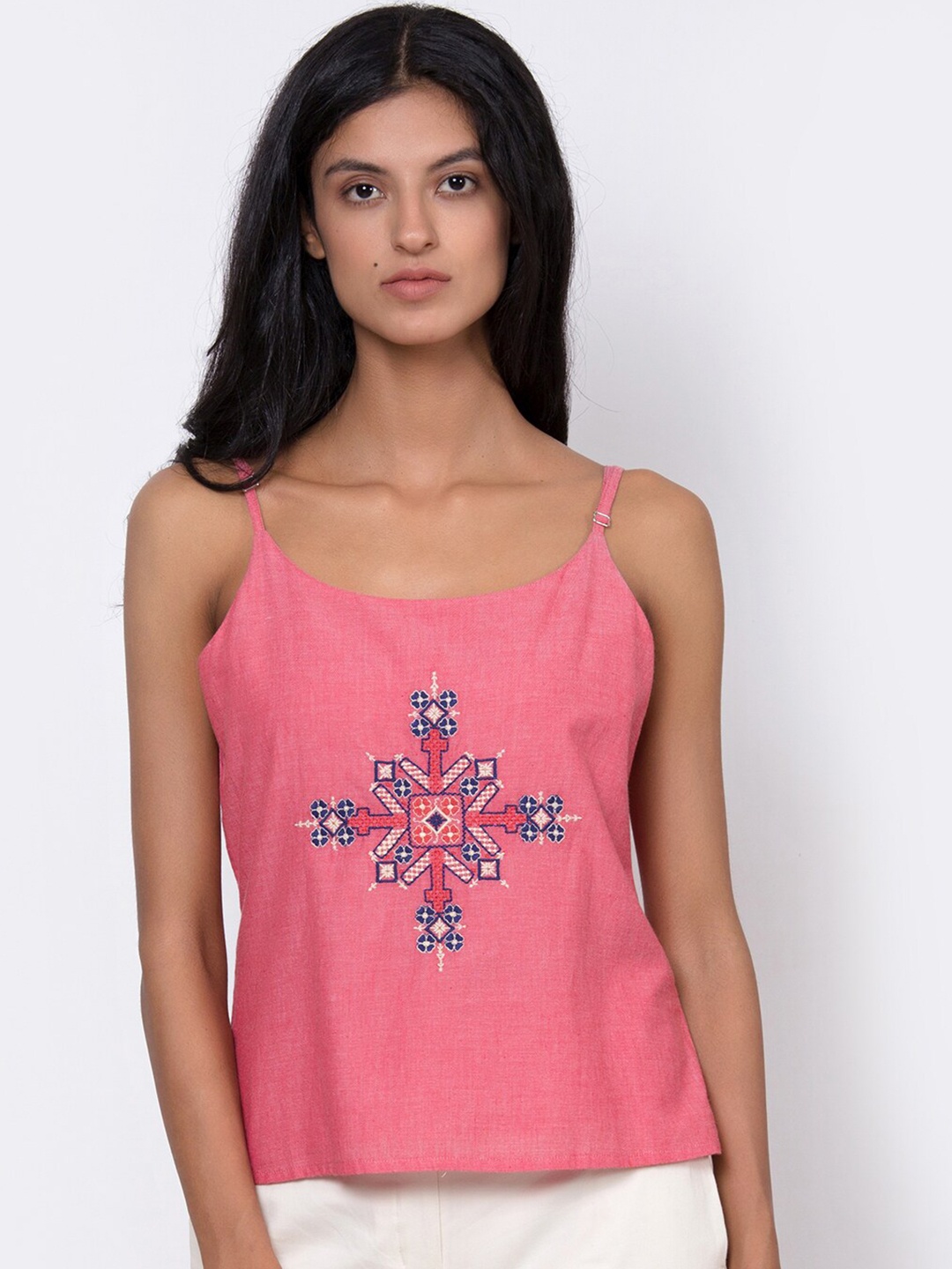 

ROOTED Pink & Navy Blue Floral Embroidered Regular Top