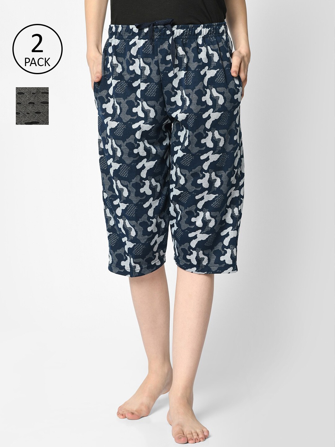 

VIMAL JONNEY Women Navy Blue & Black Pack of 2 Printed Lounge Shorts