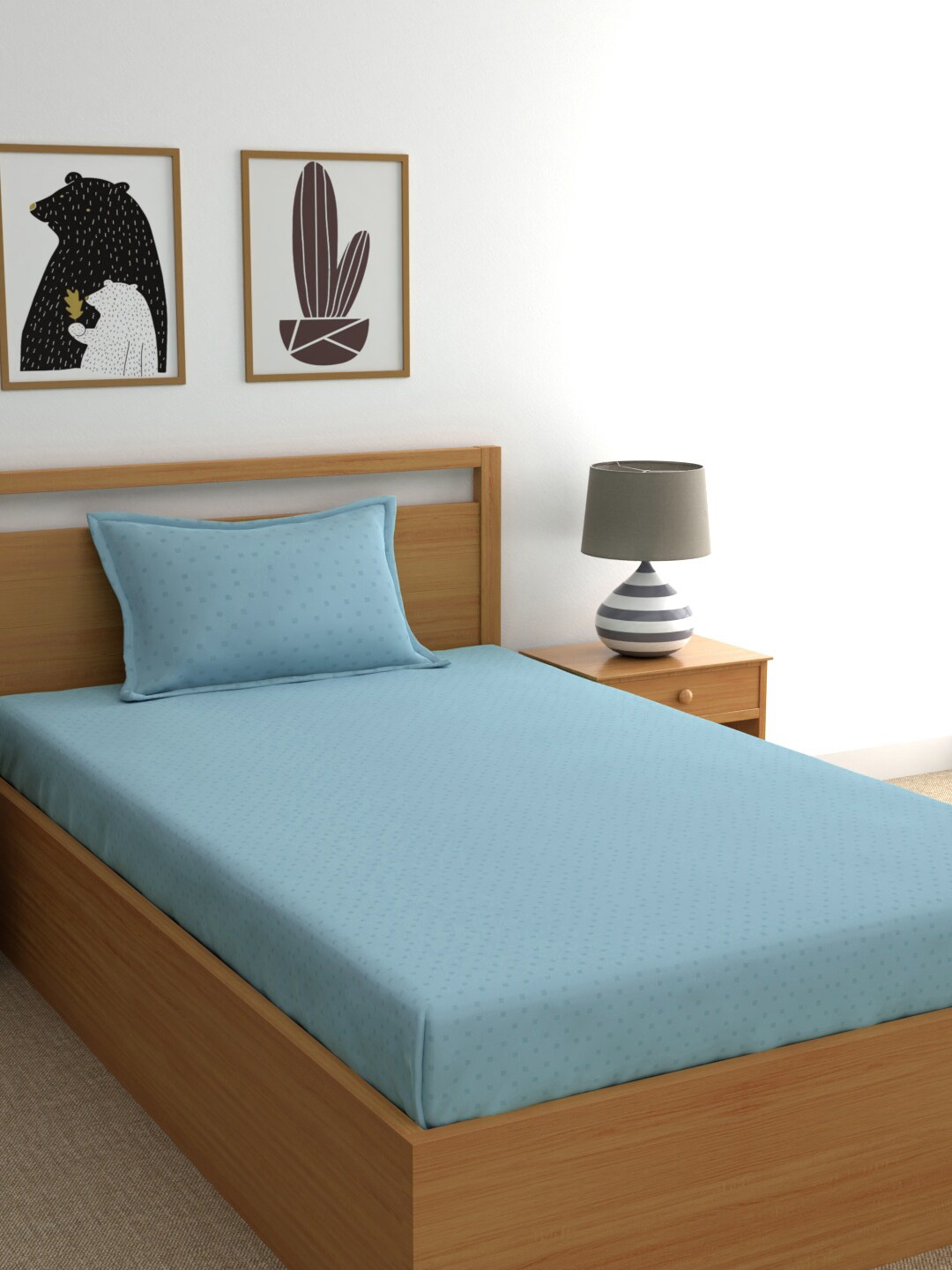 

BLUE DAHLIA Turquoise Blue Geometric 300 TC Single Bedsheet with 1 Pillow Covers