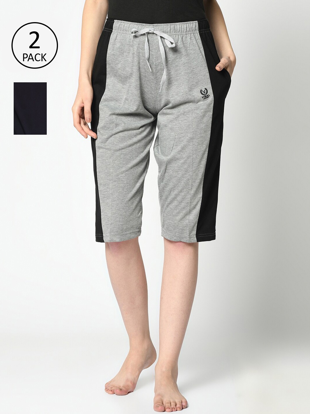 

MACK JONNEY Women Pack Of 2 Grey & Black Colourblocked Lounge Shorts
