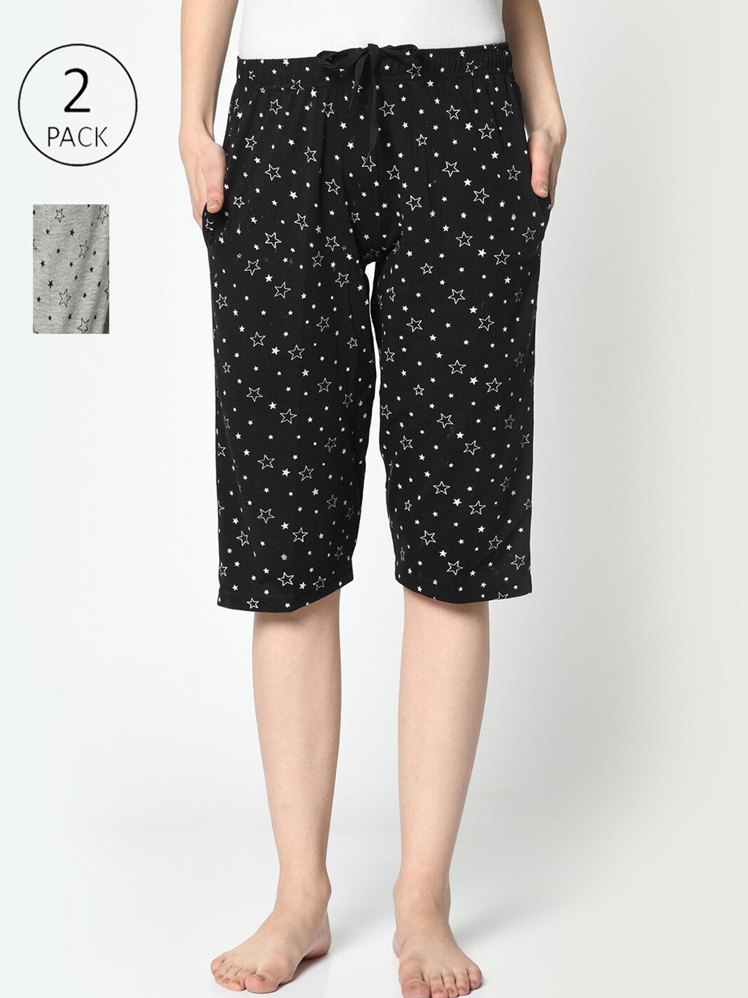 

MACK JONNEY Women Pack Of 2 Black & Grey Printed Lounge Shorts