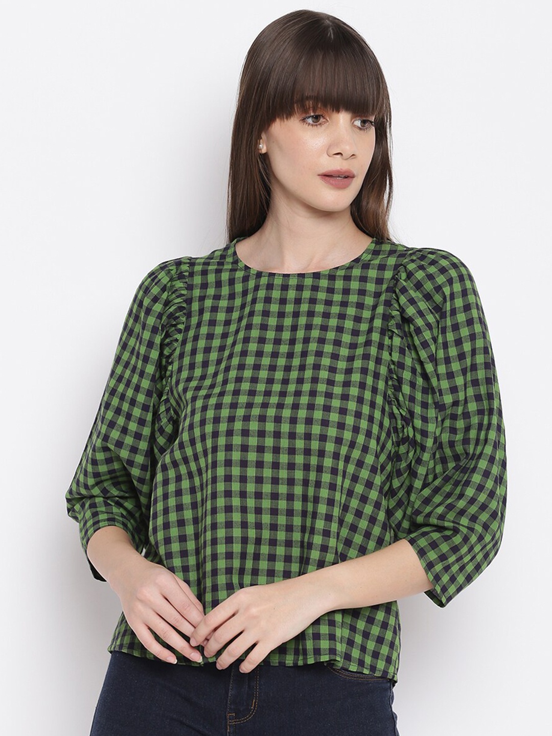 

sandy AND ritz Green & Navy Blue Checked Puff Sleeve Regular Top