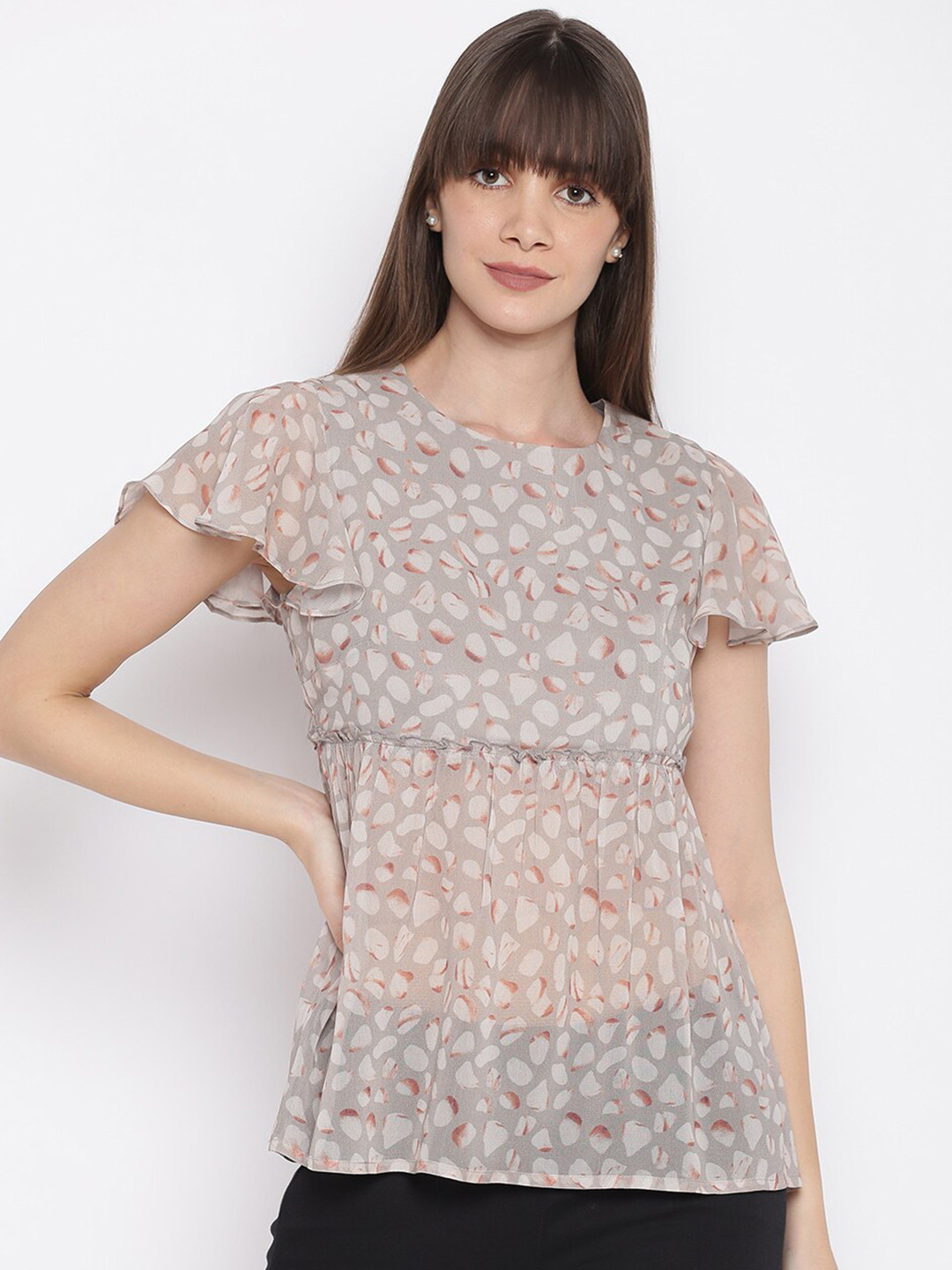 

sandy AND ritz Beige Floral Flutter Sleeve Georgette Tiered Top