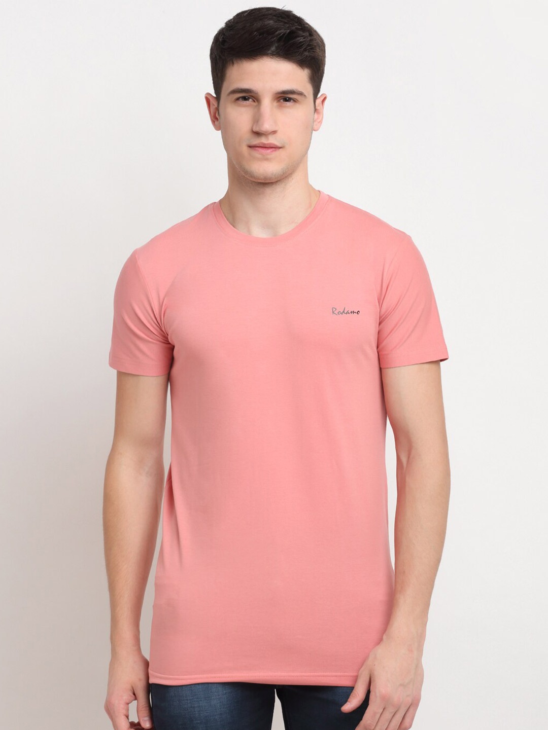 

Rodamo Men Peach-Coloured Brand Logo Printed Slim Fit T-shirt
