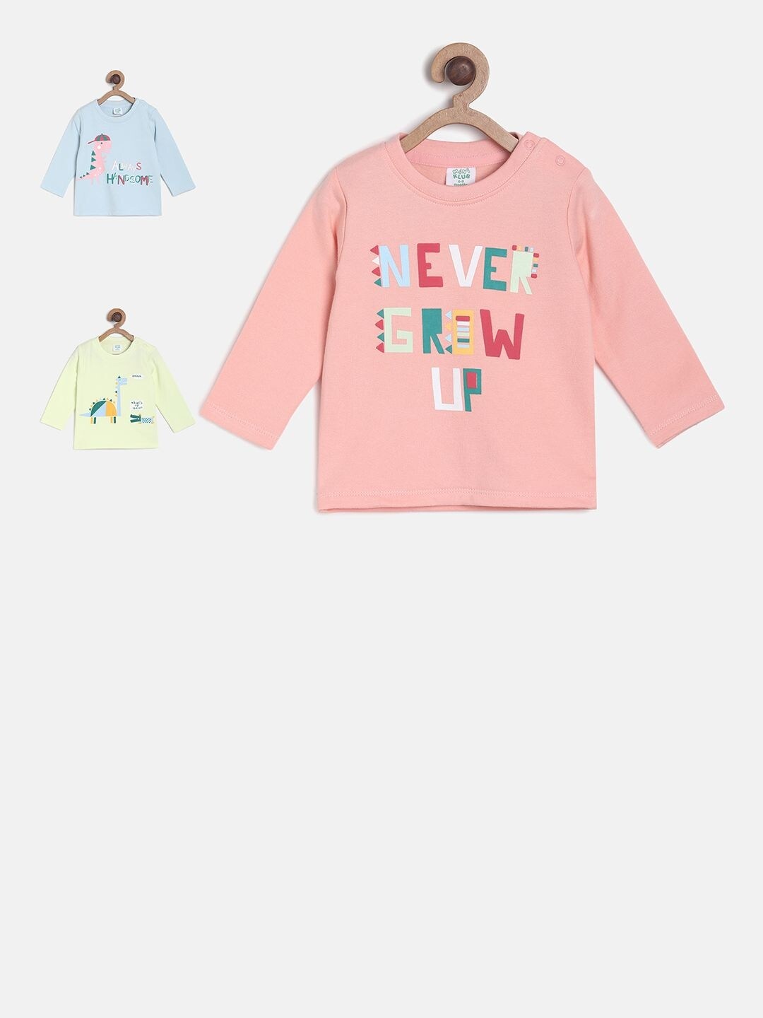 

MINI KLUB Boys Pack Of 3 Pink Yellow Typography Printed Cotton Pure Cotton T-shirt