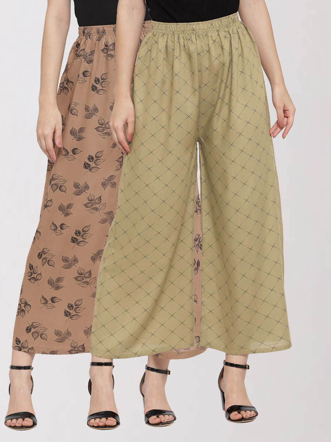 

KLOTTHE Women Brown & Beige Set of 2 Floral Printed Palazzos