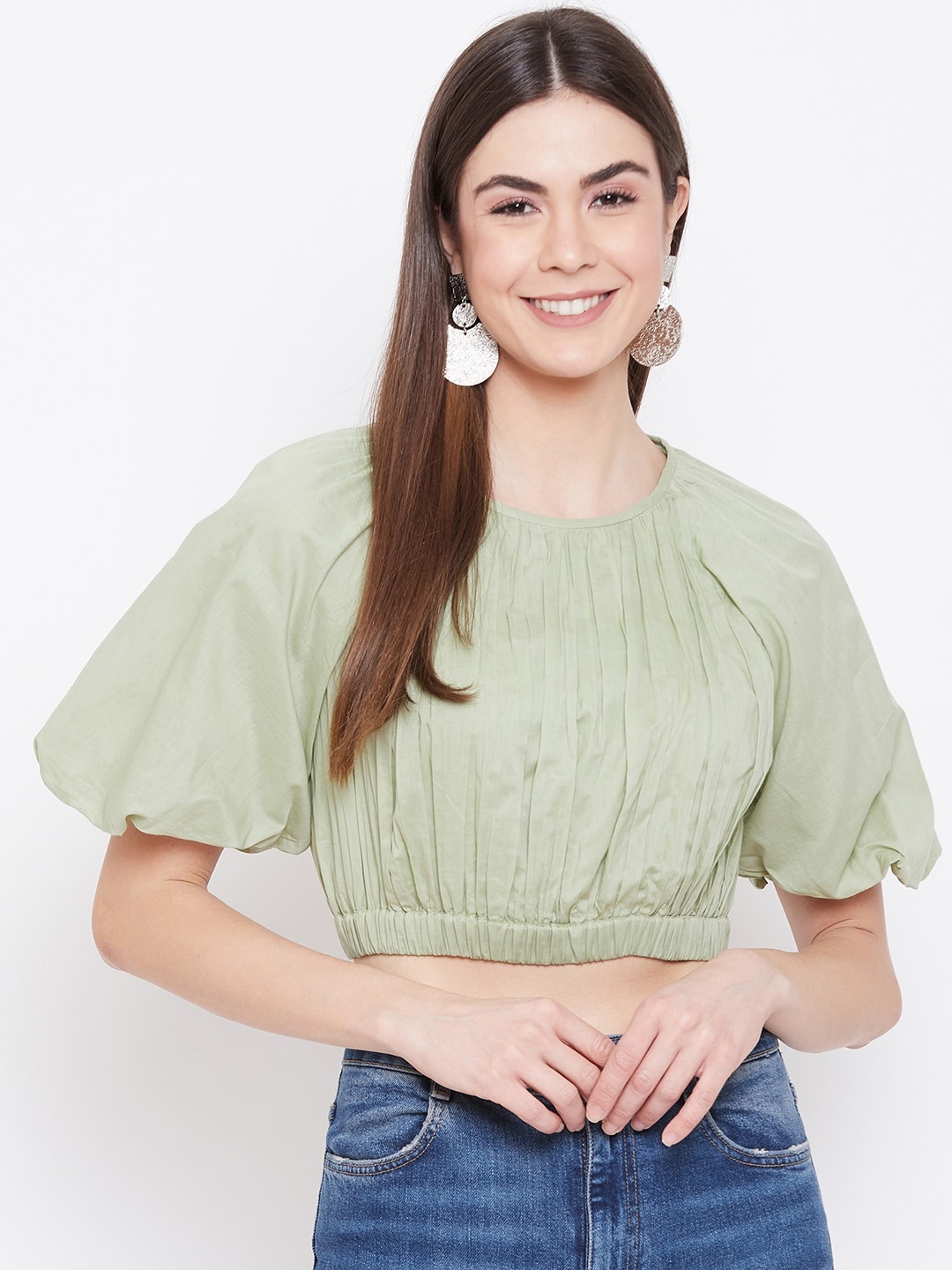 

sandy AND ritz Green Puff Sleeve Regular Crop Sustainable Top