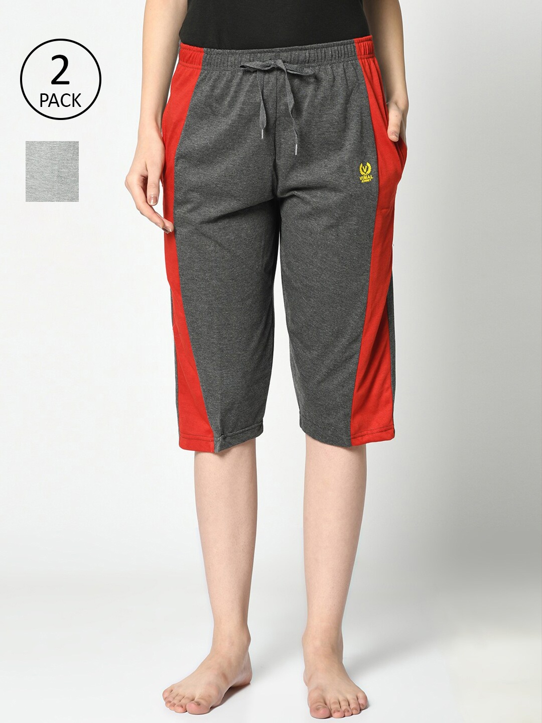 

MACK JONNEY Women Grey & Red Pack of 2 Colourblocked Lounge Shorts