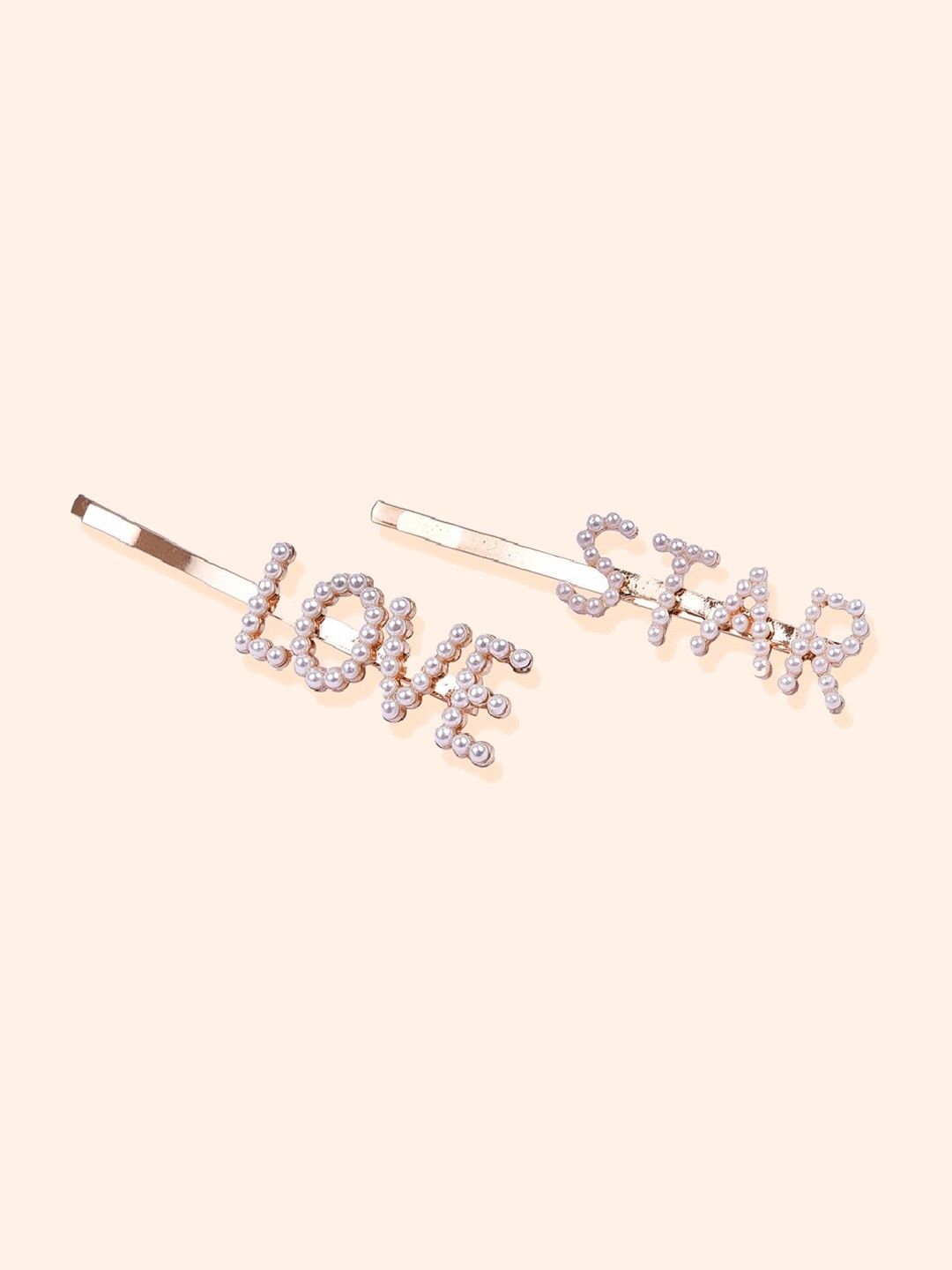 

AQUASTREET Women Gold & White Set of 2 Embellished Letter Engraved Pearl Bobby Pins