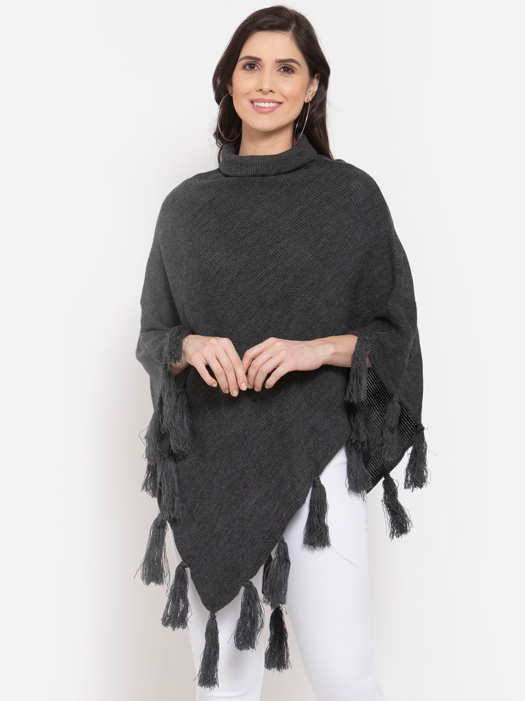 

Style Quotient Women Grey Poncho with Fringed Detail