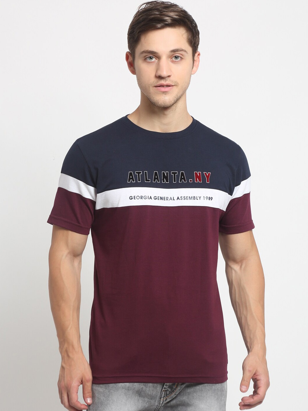 

Cantabil Men Navy Blue & Maroon Colourblocked Slim Fit T-shirt