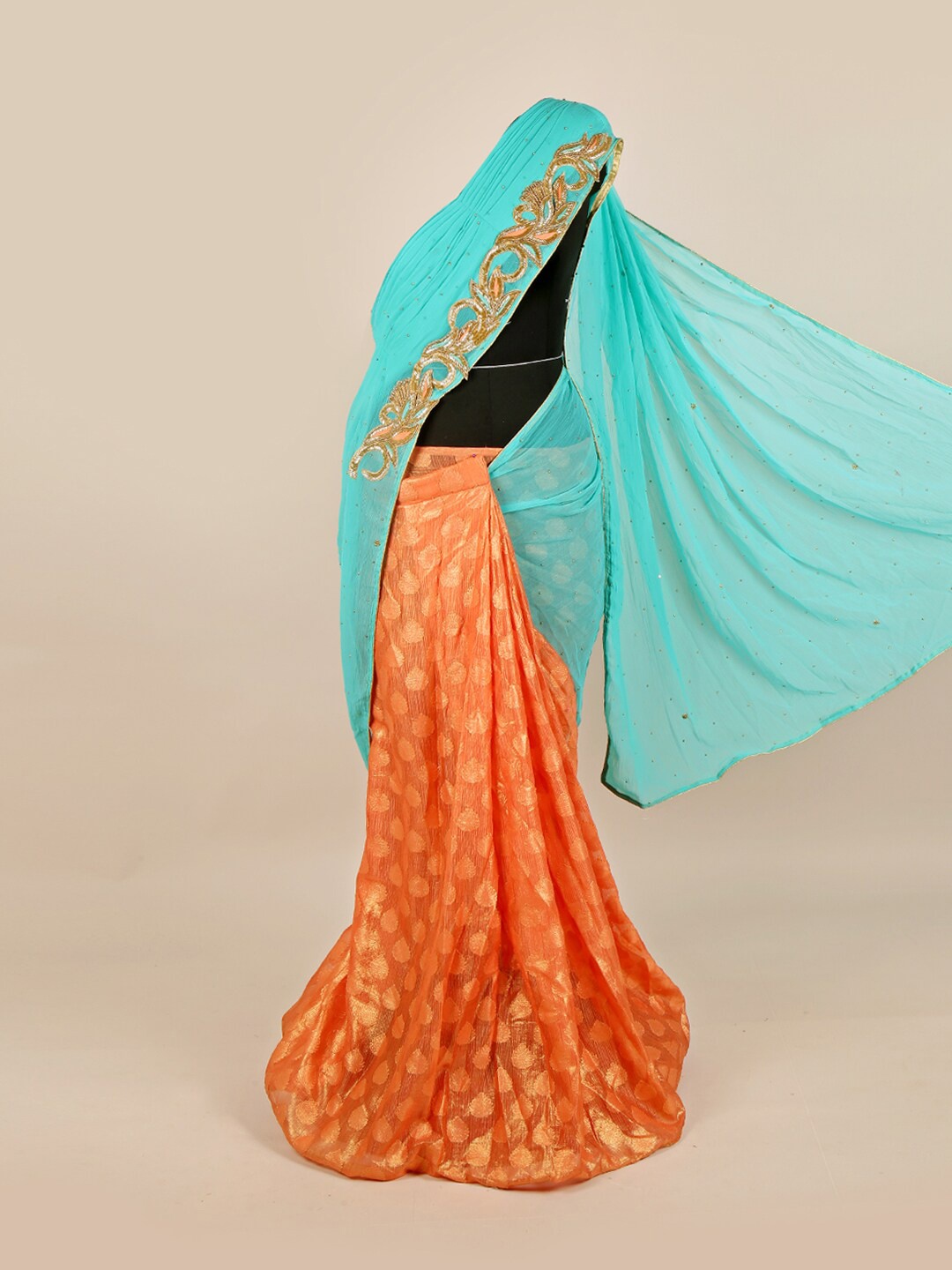 

Pothys Blue & Orange Floral Beads and Stones Organza Saree