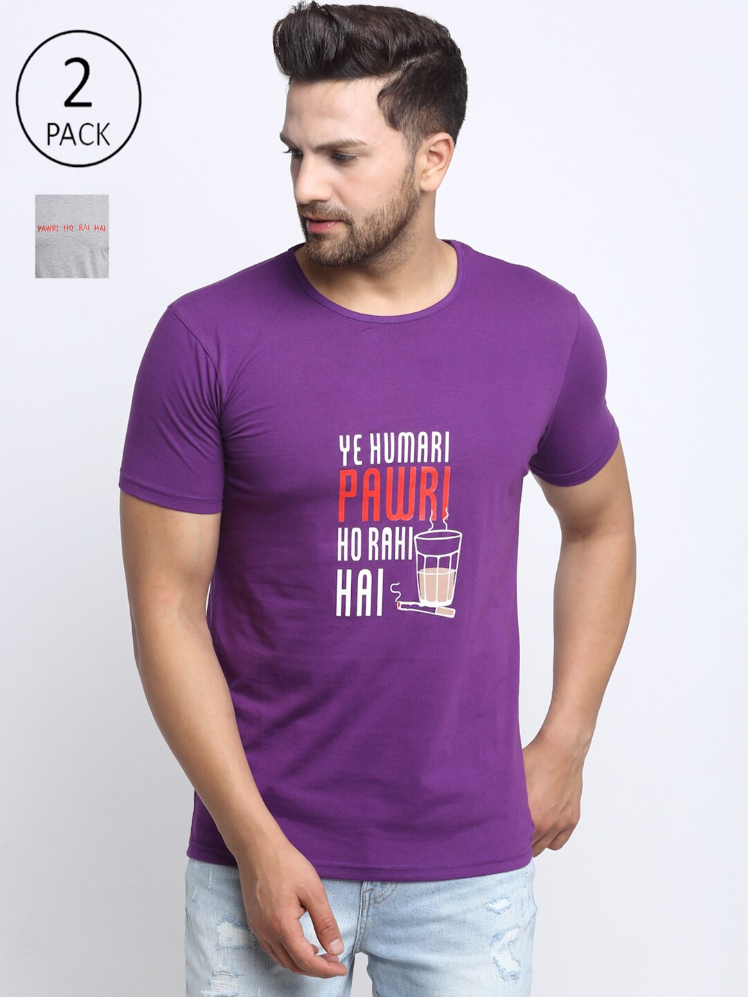 

VIMAL JONNEY Men Pack of 2 Purple & Grey Typography Printed T-shirt