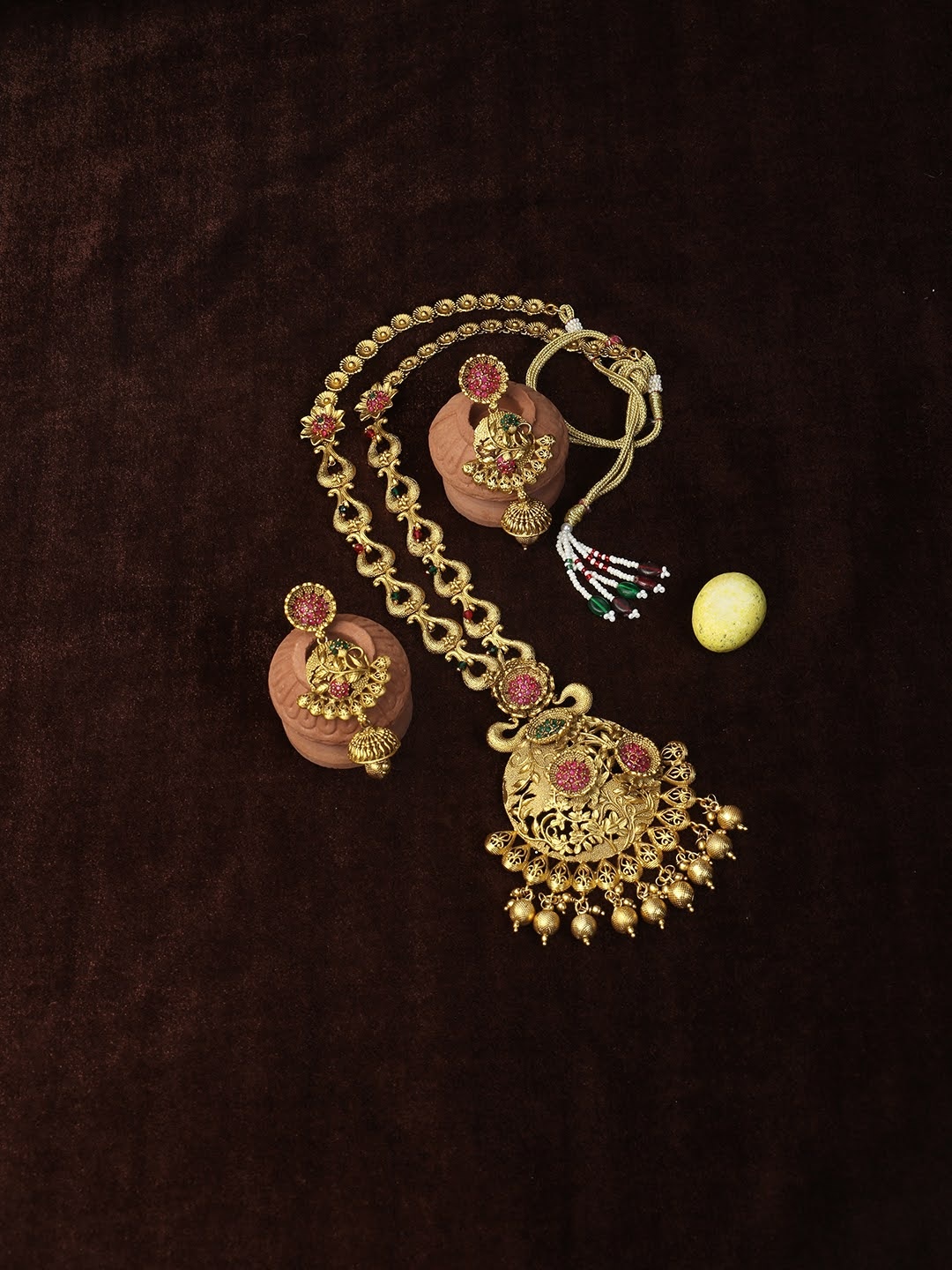 Adwitiya Collection Gold-Plated Red and Green Stone-Studded Jewellery Set