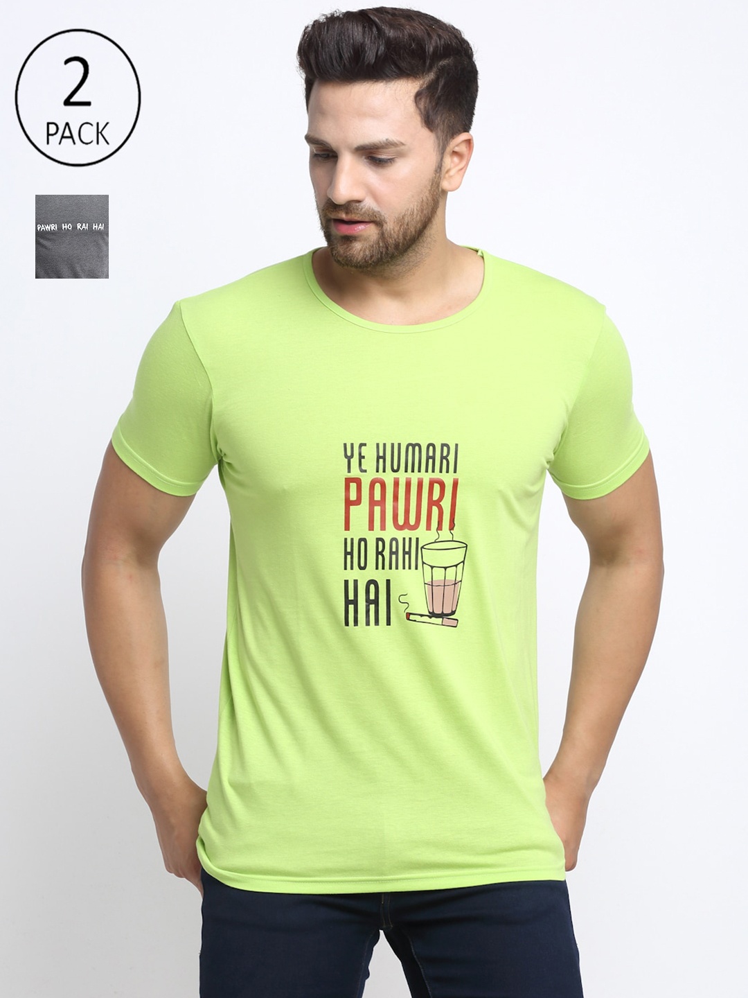 

VIMAL JONNEY Men Pack of 2 Green & Grey Typography Printed T-shirts, Fluorescent green
