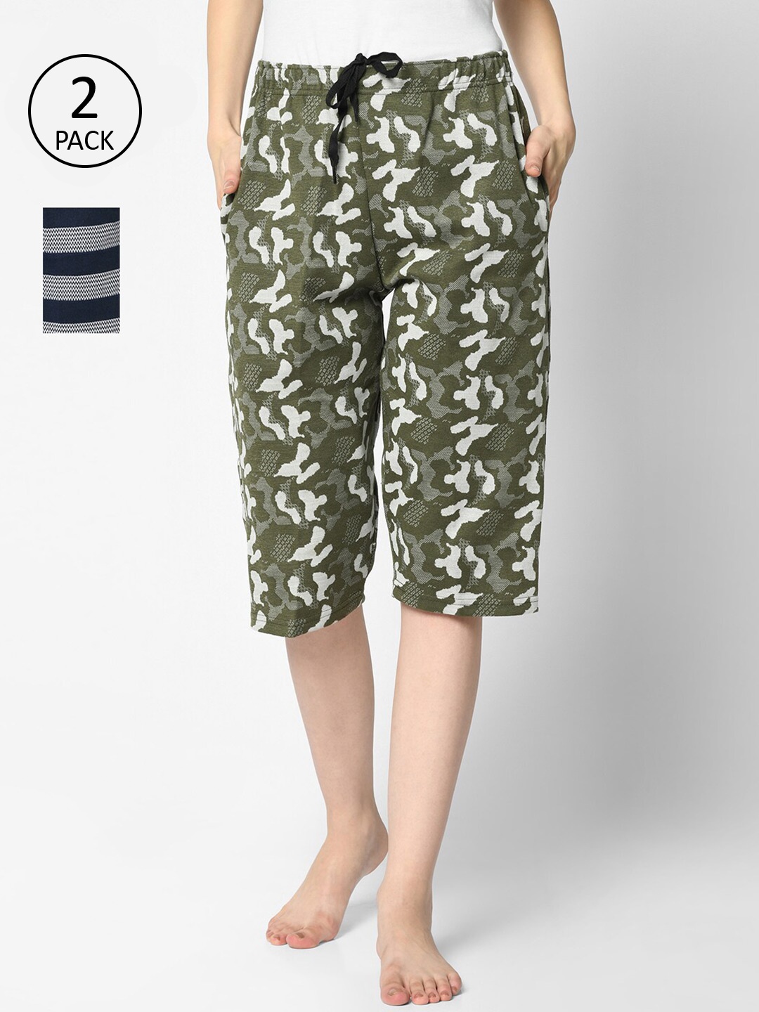 

VIMAL JONNEY Women Olive & Navy Blue Set of 2 Lounge Shorts