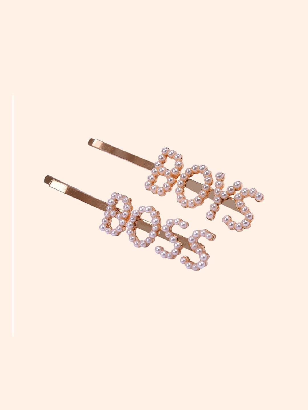 AQUASTREET Women Gold & White Set of 2 Embellished Letter Engraved Pearl Bobby Pins