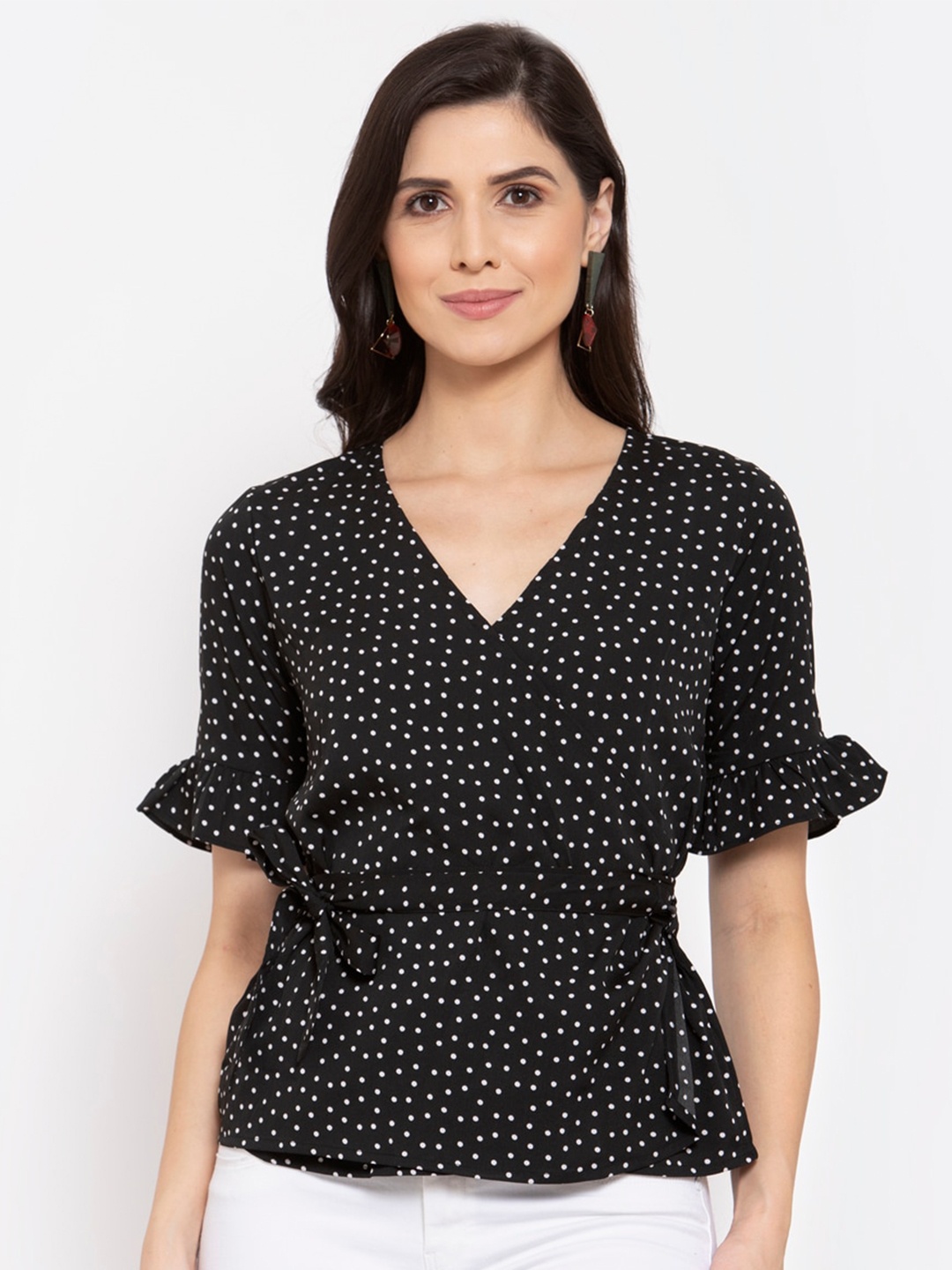 

Style Quotient Black & White Bell Sleeve Crepe Wrap Top