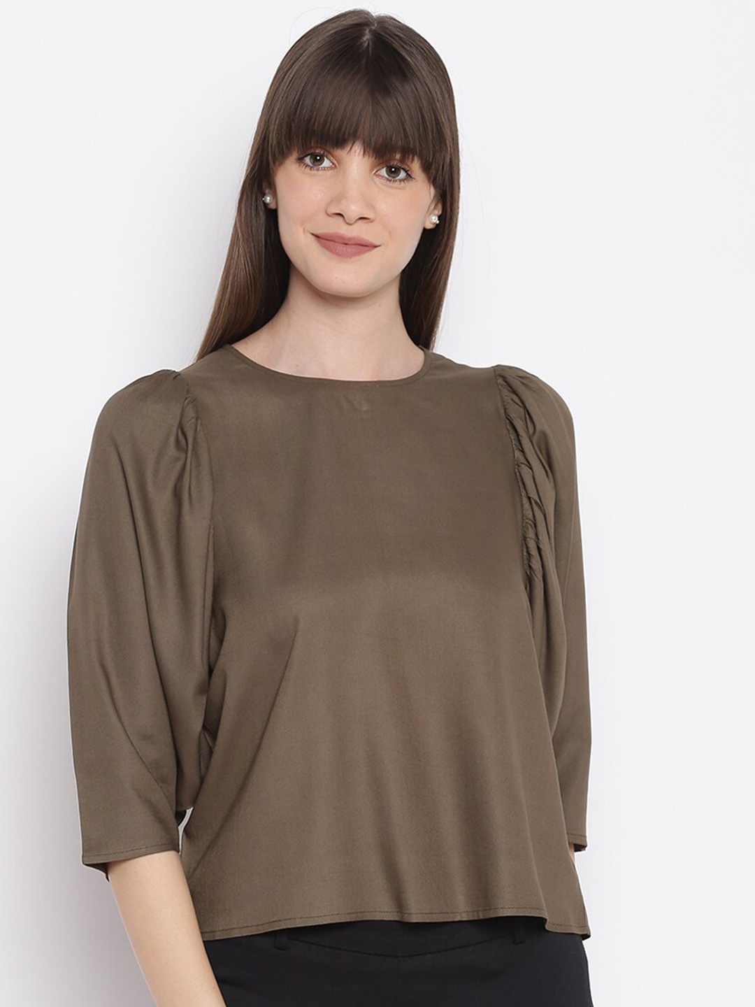 

sandy AND ritz Olive Green Puff Sleeve Regular Top