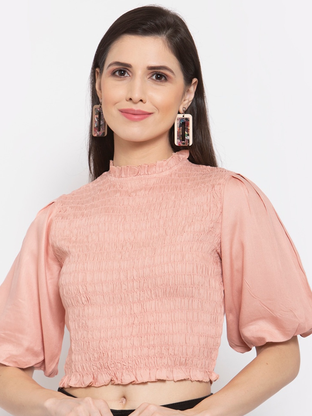 

Style Quotient Nude-Coloured Puff Sleeve Fitted Crop Top