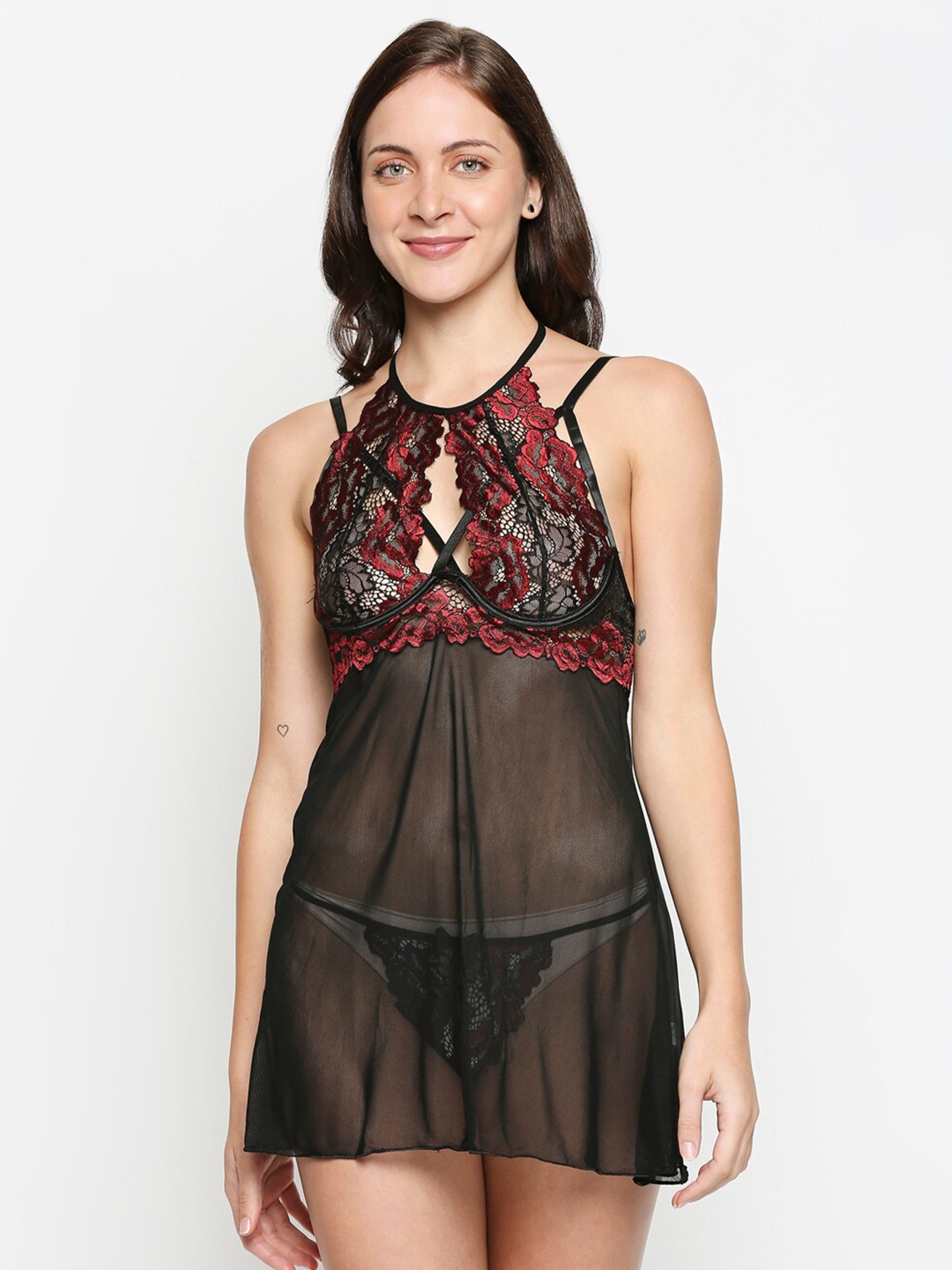 

XIN Black & Maroon Halter Neck Baby Doll X.BO.19062