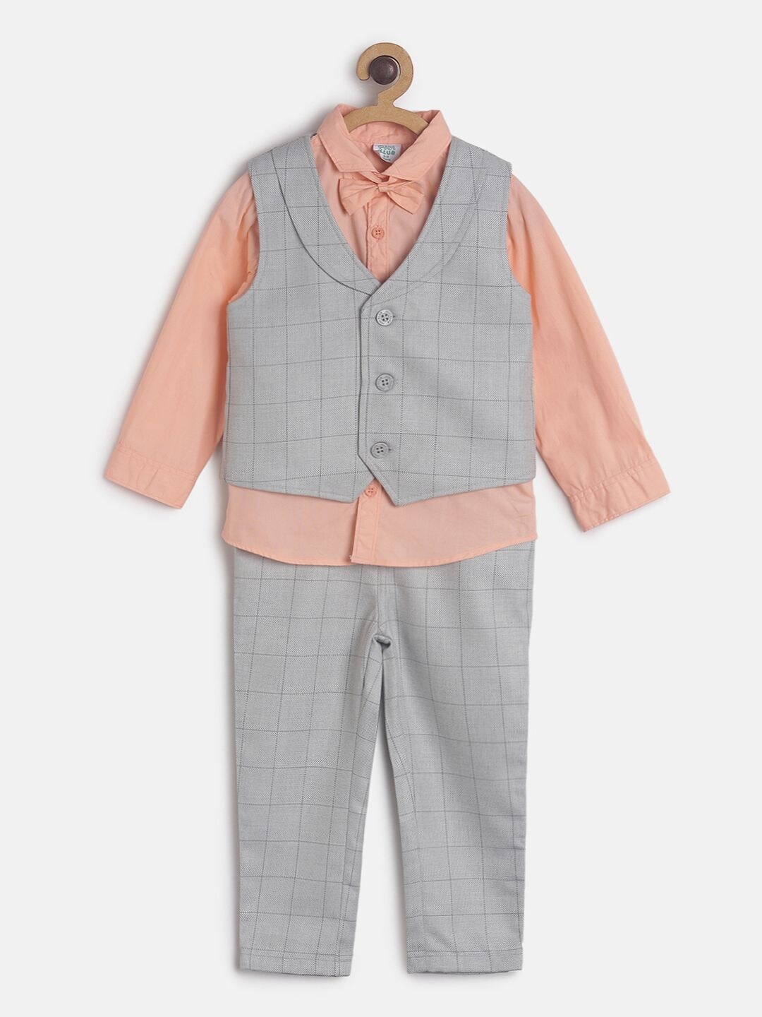 MINI KLUB Boys Peach-Coloured & Grey Shirt with Trousers & Waistcoat