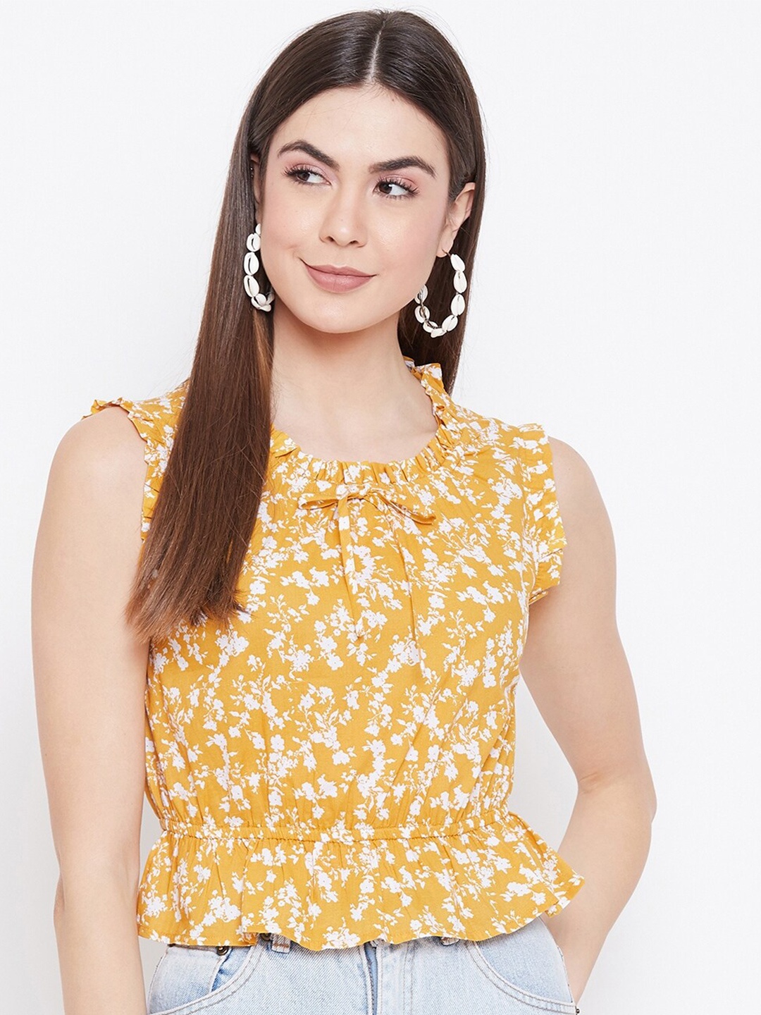 

sandy AND ritz Women Yellow Floral Tie-Up Neck Peplum Crop Sustainable Top