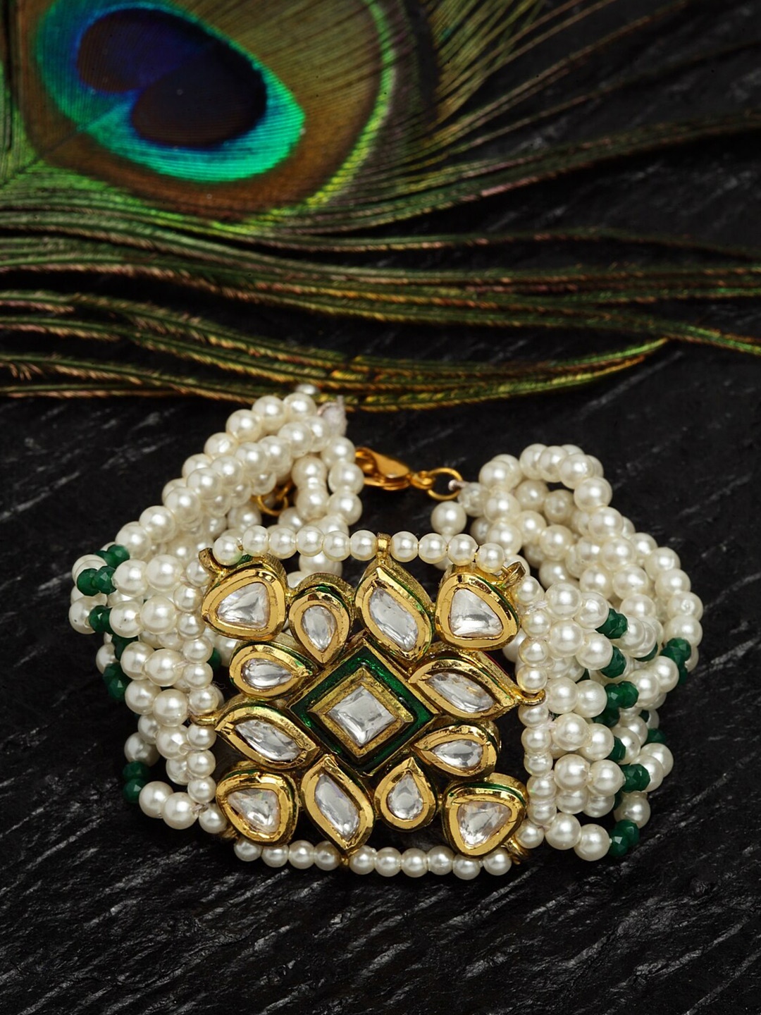 

DUGRISTYLE Women Gold & White Sterling Silver Kundan Handcrafted Gold-Plated Multistrand Bracelet