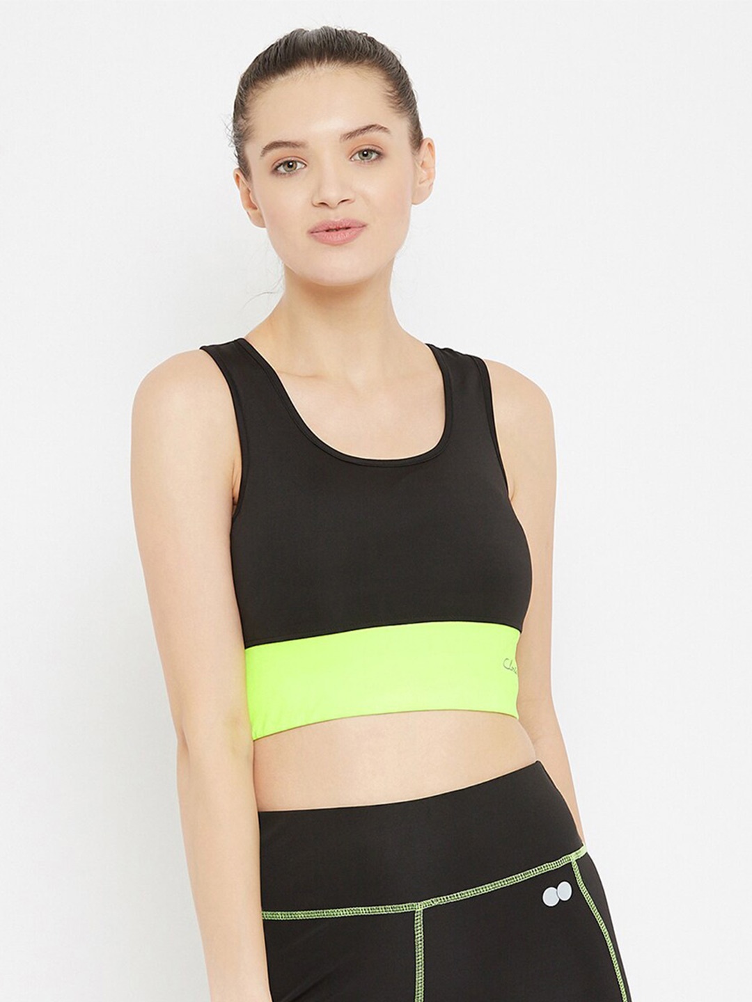 

Clovia Black & Lime Green Colourblocked Workout Bra Full Coverage Lightly Padded