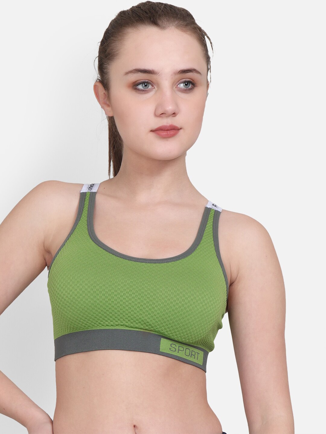 

Lebami Olive Green & Grey Full Coverage Workout Bra - New Fashon Gren_30C