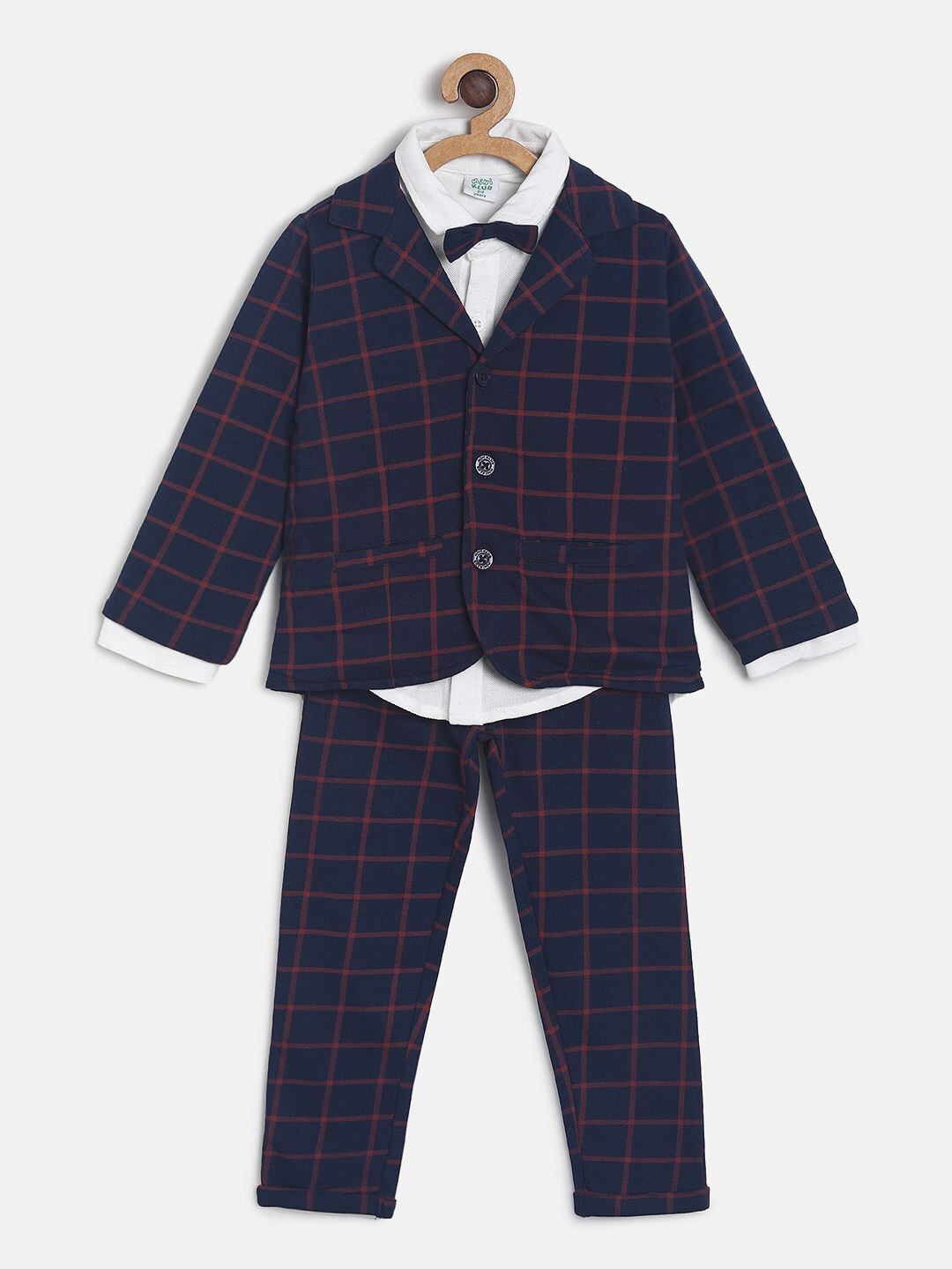 

MINI KLUB Boys Navy Blue & Red Checked Pure Cotton Coat with Trousers